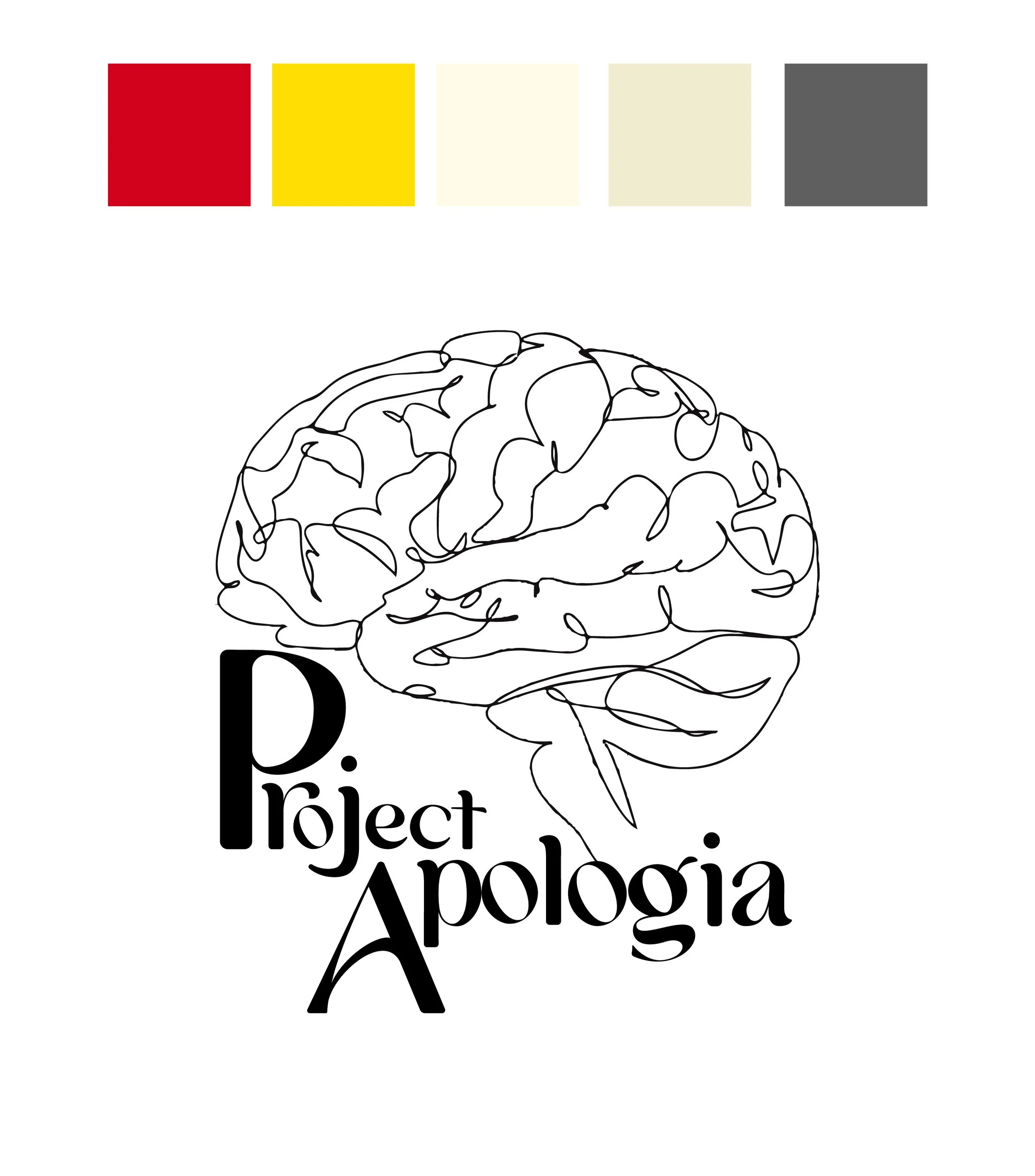 Black and white line drawing of a human brain with the words 'Project Apologia' underneath, and a color palette of red, yellow, beige, and gray at the top.