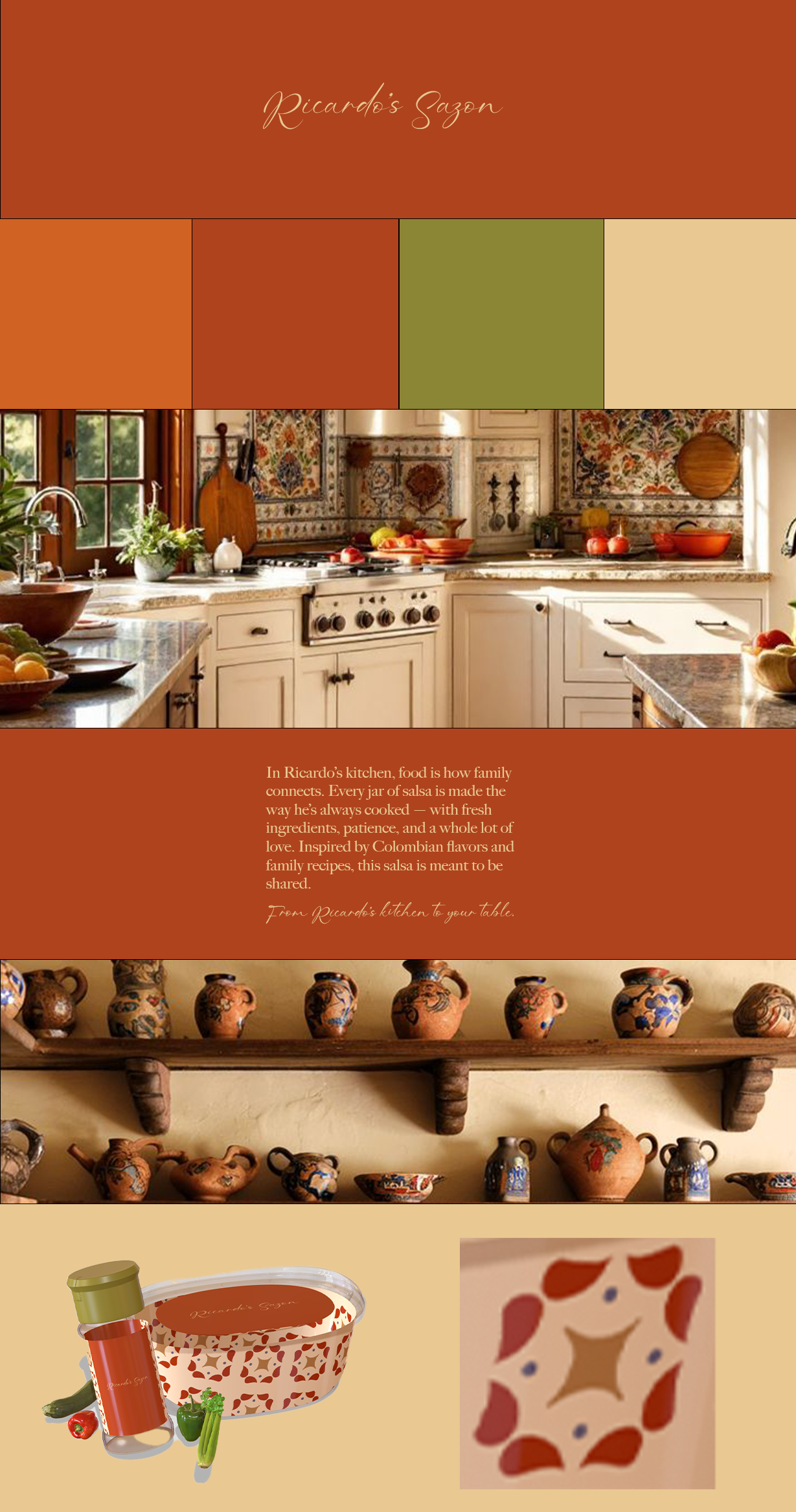 A kitchen with cream cabinets, a tiled backsplash, and various jars and bowls on the countertops. Decorated with Colombian pottery on shelves, and a graphic of salsa ingredients at the bottom.