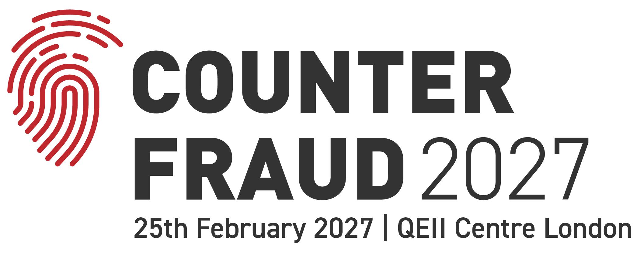 Event logo for Counter Fraud 2027, scheduled for February 25, 2027, at QEII Centre, London, featuring a red fingerprint graphic and black text.