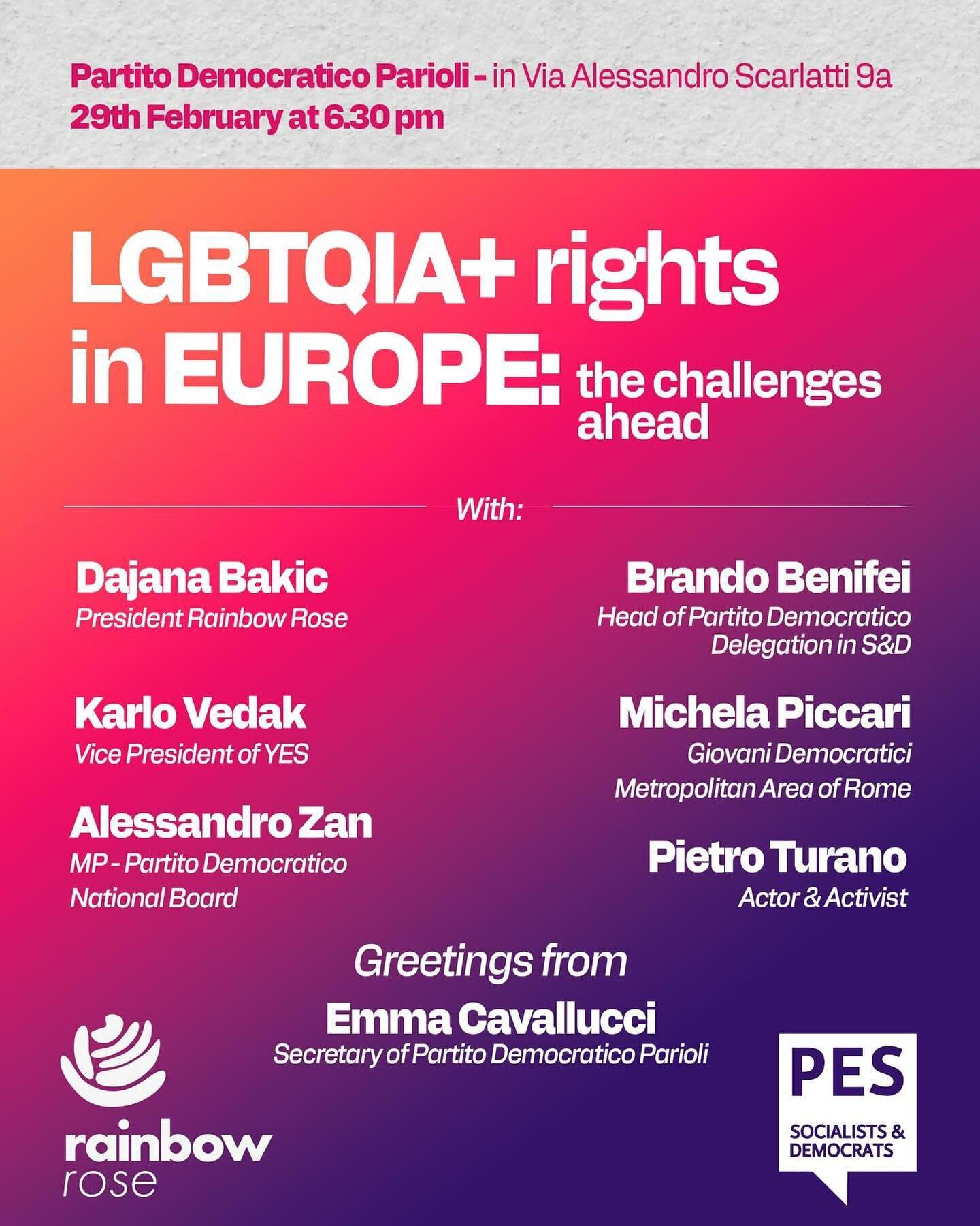In #Rome tomorrow evening? Then join us at 18h30 for our event with @partitodemocratico about the challenges for LGBTQIA+ rights in #Europe