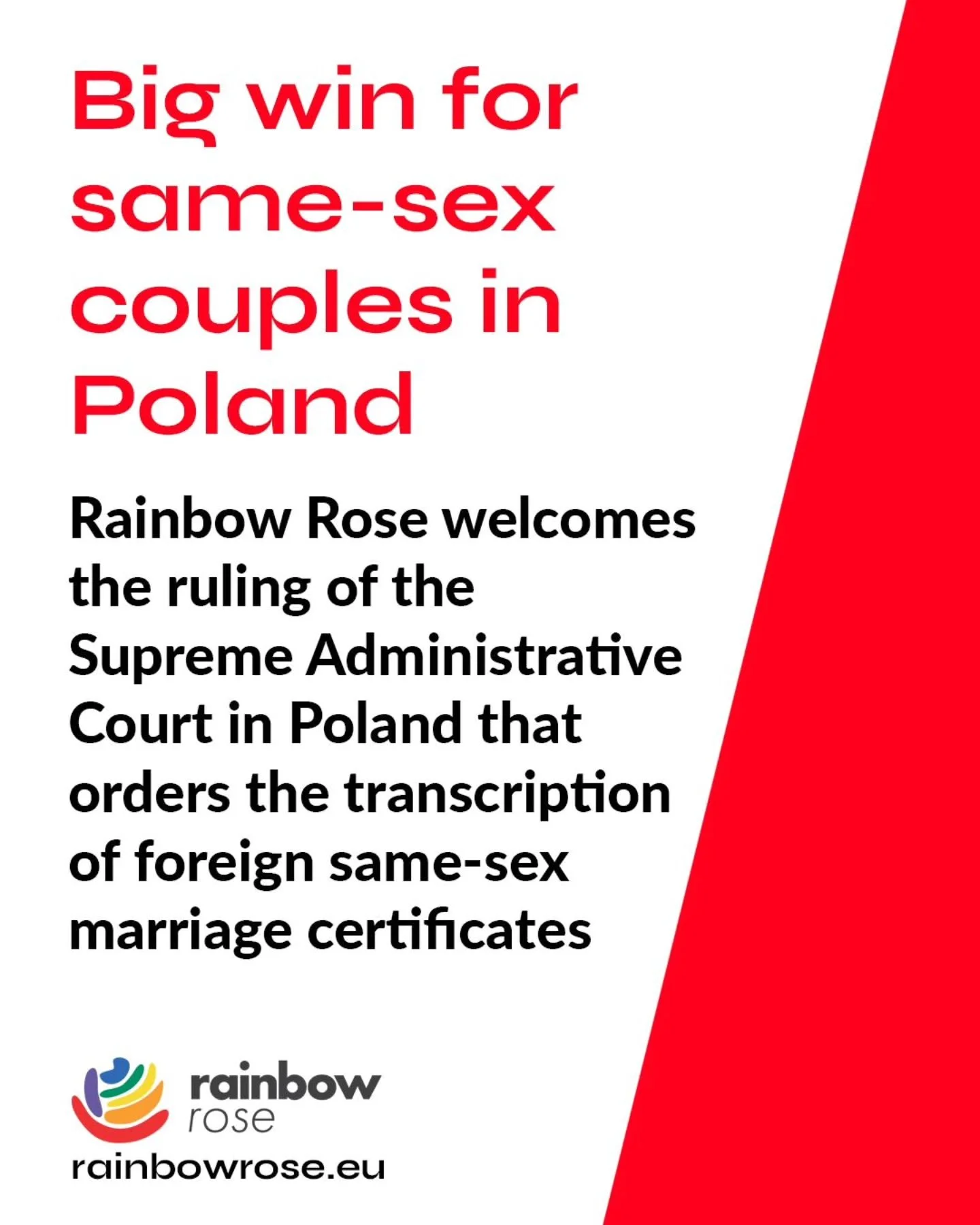 Great news from Poland!
The Supreme Administrative Court issued a key verdict - Poland must acknowledge same-sex marriages concluded abroad.
The authorities won't be able to ignore this. Time to change the law. 🏳️&zwj;🌈
@__lewica