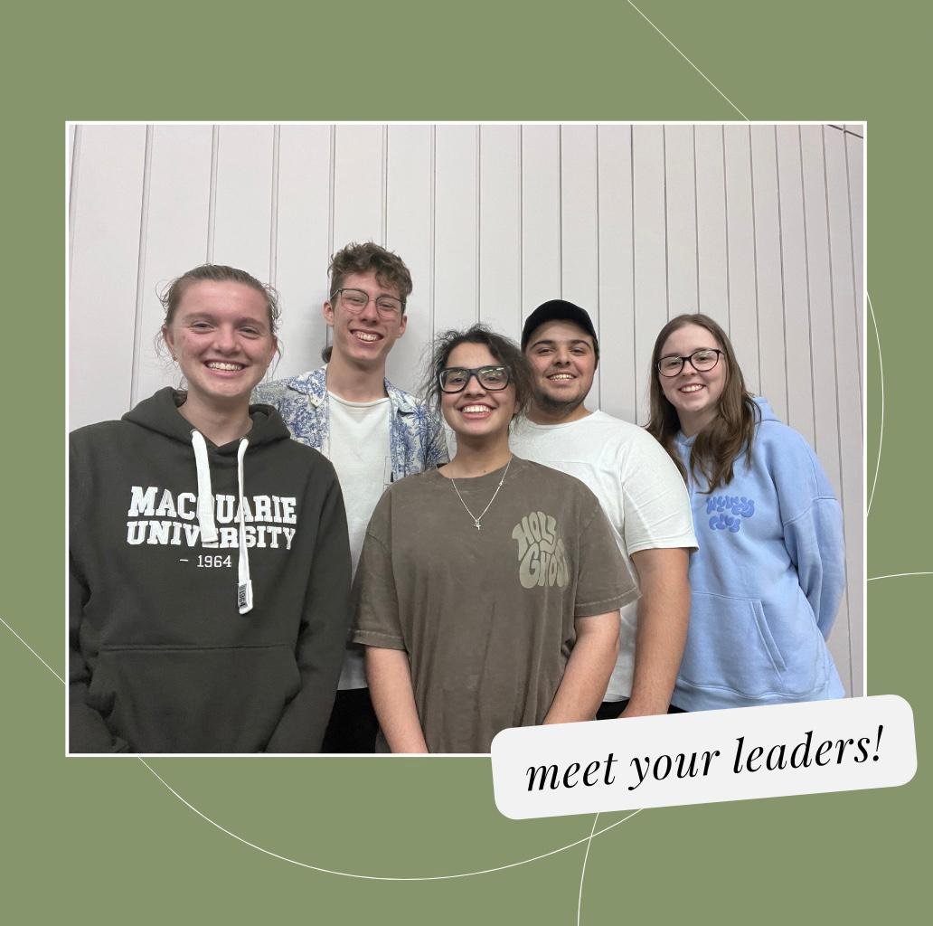 Group of five young adults smiling, standing in front of a white paneled wall, with a green background and text that reads 'meet your leaders!'