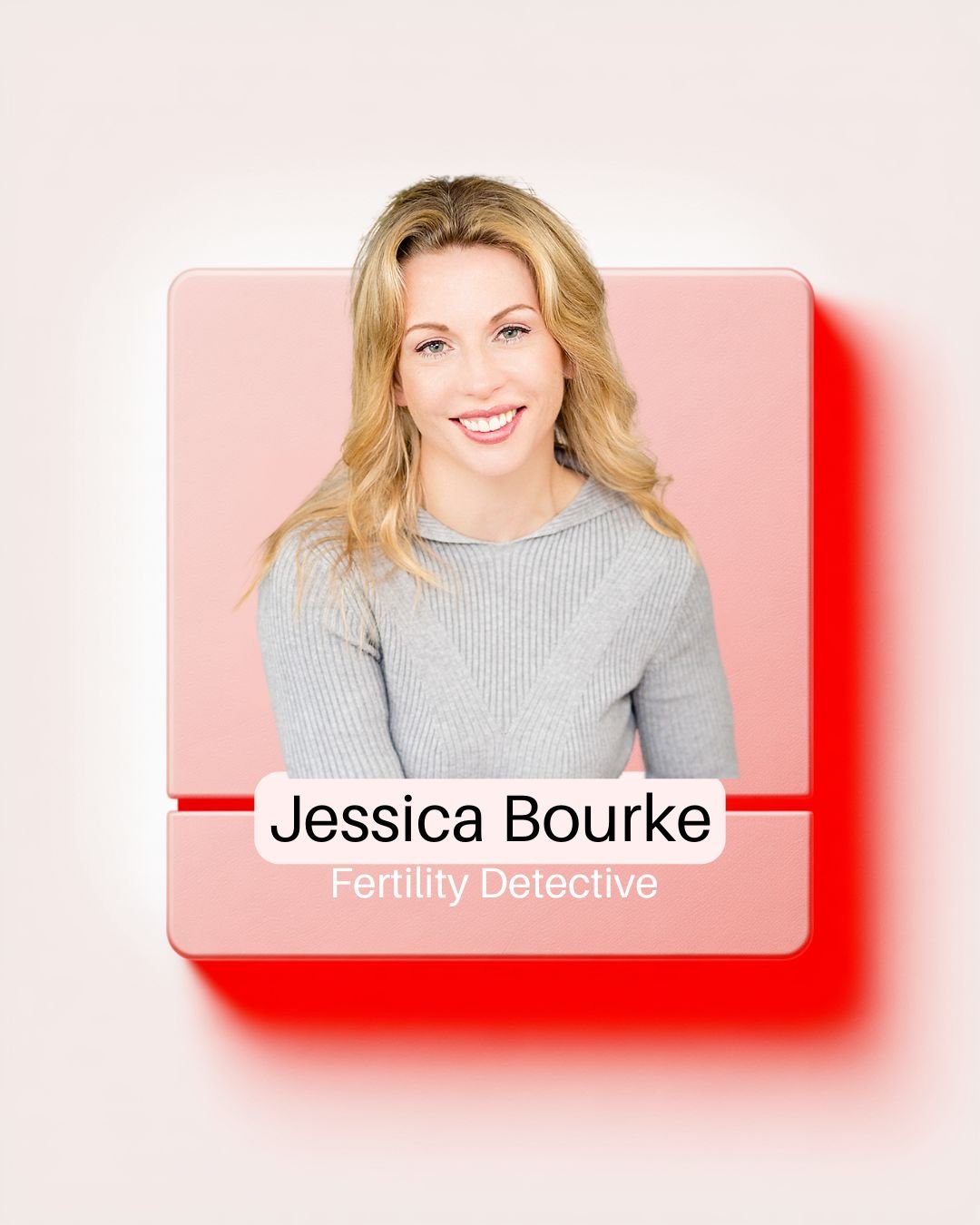 Portrait of a woman with blonde hair, smiling, wearing a light gray sweater, with a digital graphic design background including hexagon shapes and a red circle.