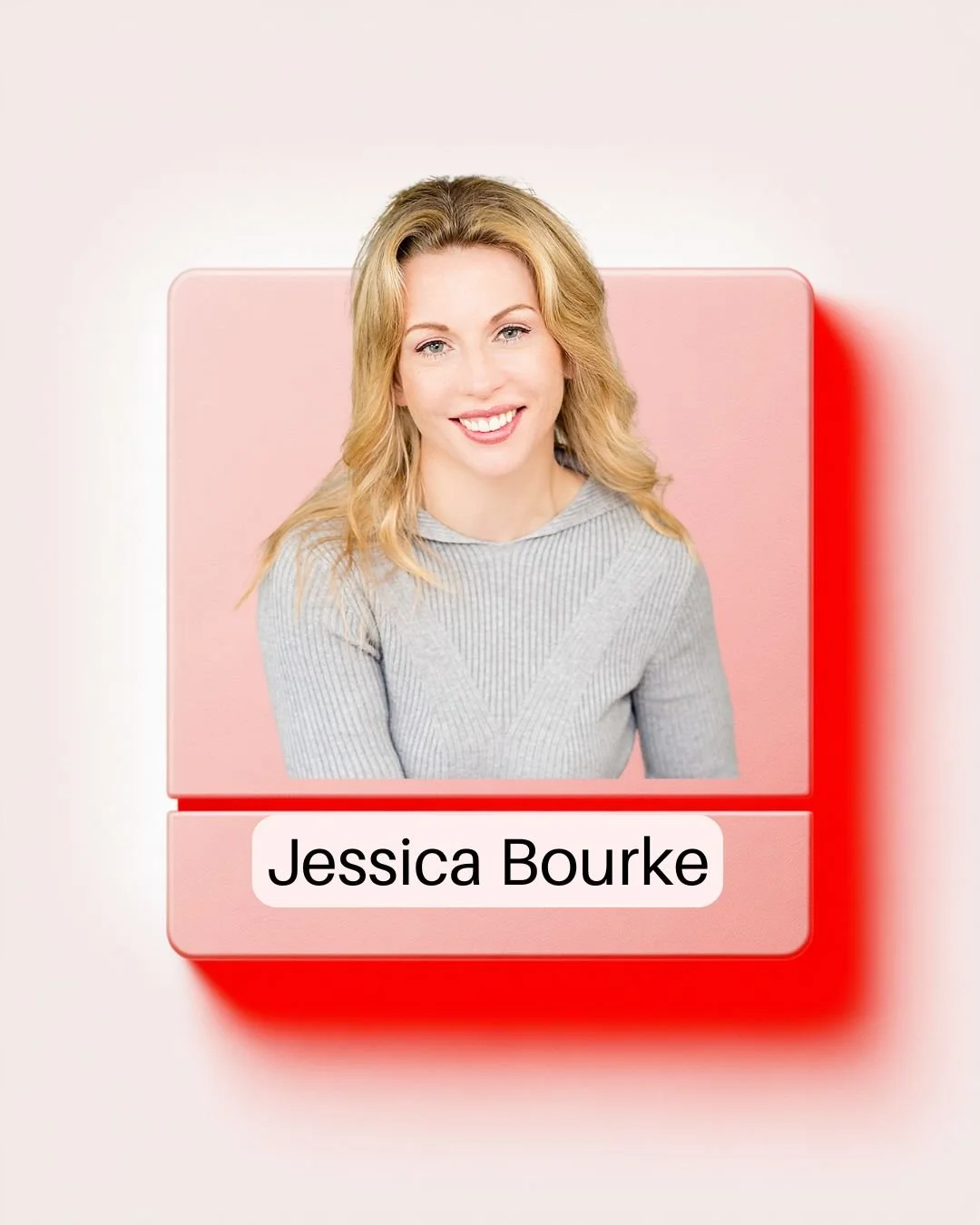 Portrait of a woman with blonde hair, smiling, wearing a light gray sweater, with a digital graphic design background including hexagon shapes and a red circle.