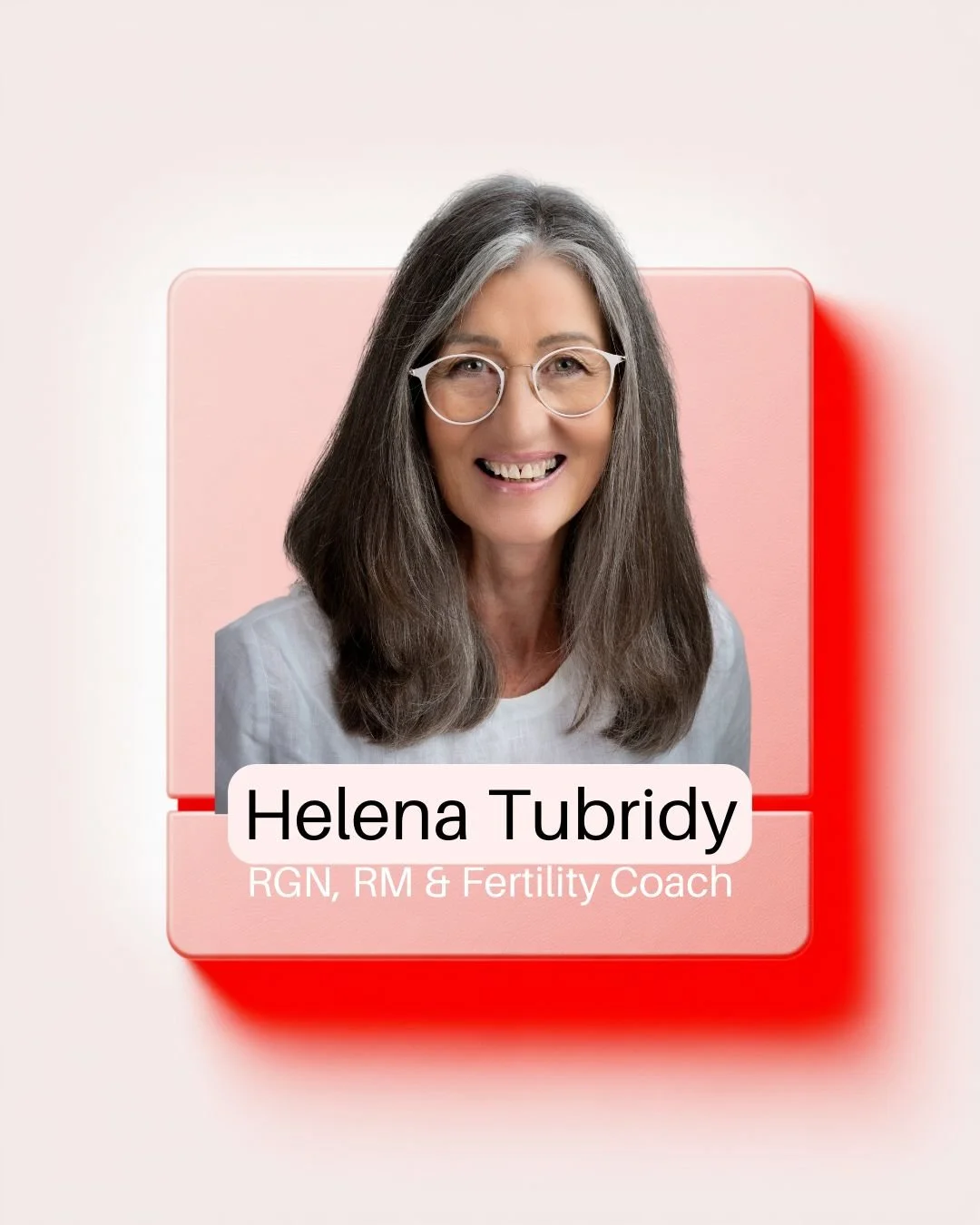 Portrait of Helena Tubridy, a fertility coach, smiling, with a digital background featuring pink and red graphic elements.