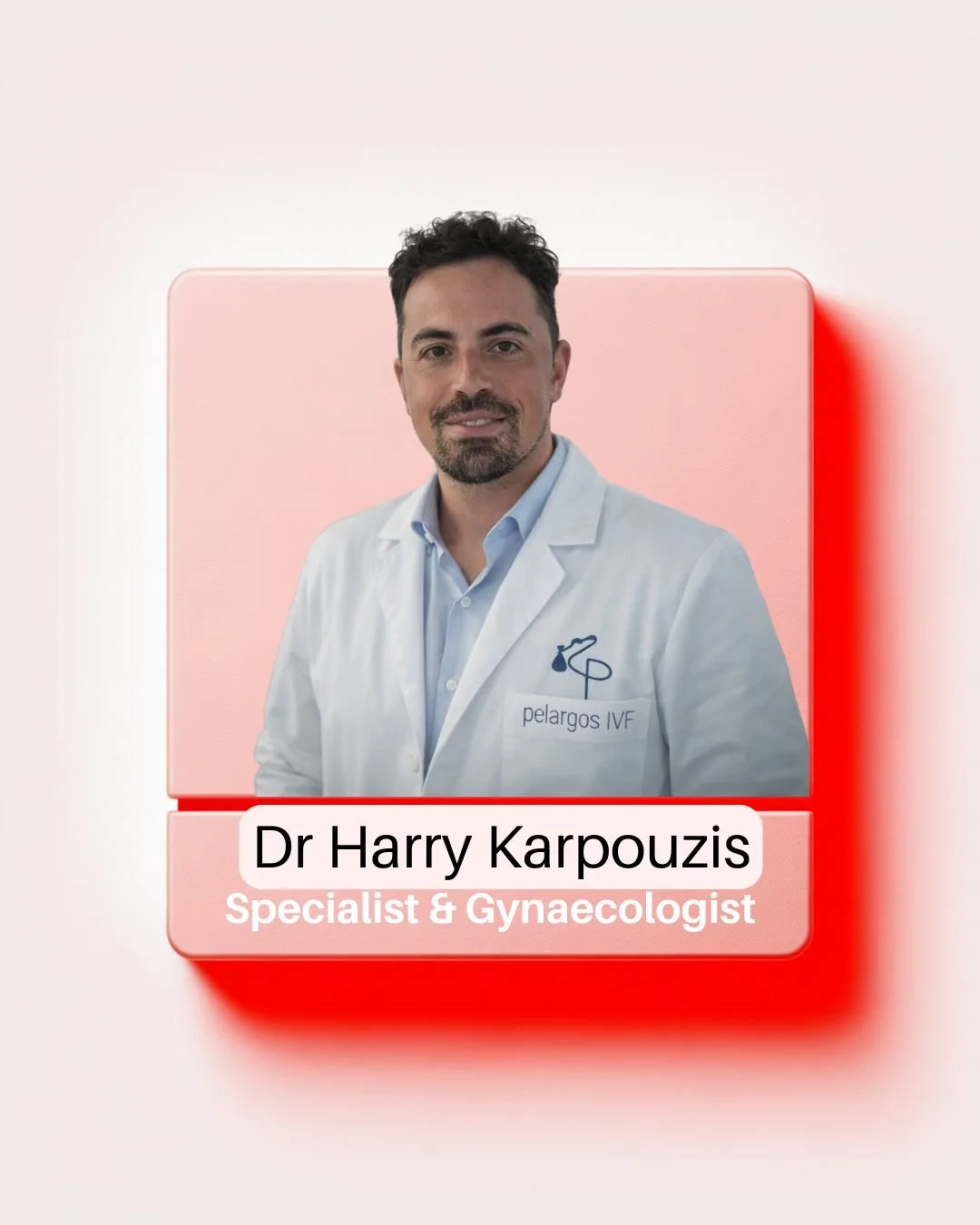 Promotional graphic of Dr. Harris Karpouzis, an obstetrics and gynecology consultant, with his name and title, set on a light pink and white background with abstract medical graphics.