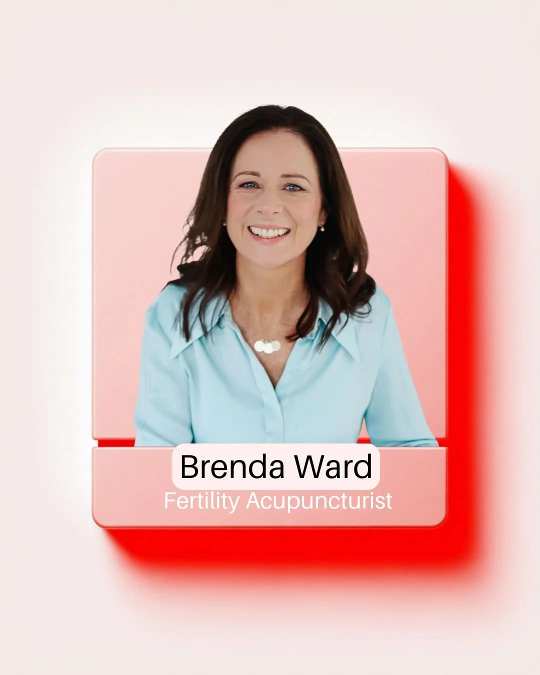 Photo of Brenda Ward, a fertility acupuncturist, smiling, with text indicating her name and profession, on a digital graphic with scientific and medical design elements.