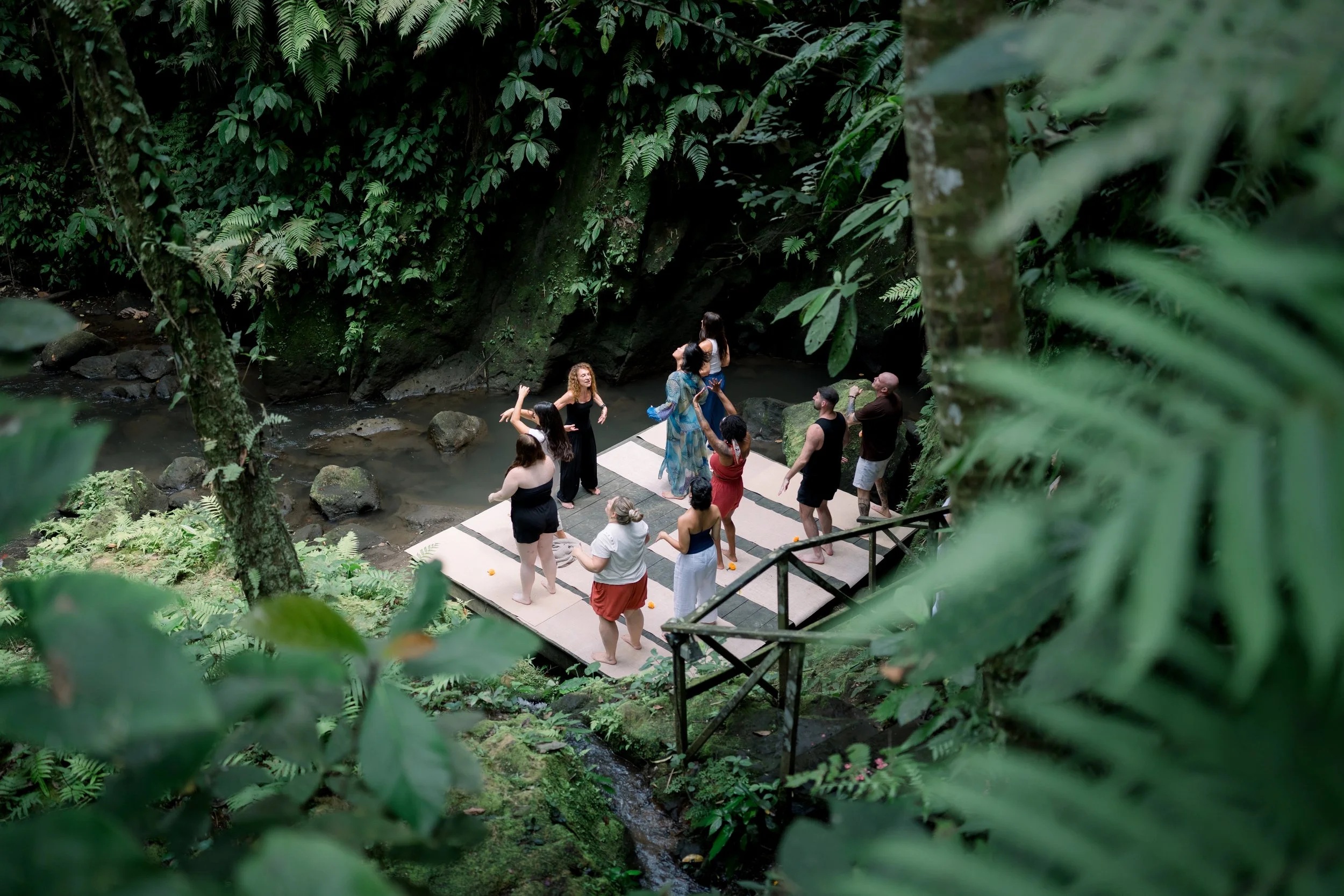 A group moving together on a wooden deck in the jungle