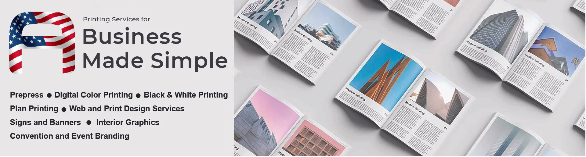 Image of a brochure or magazine spread showcasing various modern building designs with a logo and text for a printing service that offers business printing, digital color printing, black and white printing, plan printing, web and print design, signs and banners, interior graphics, and event branding.