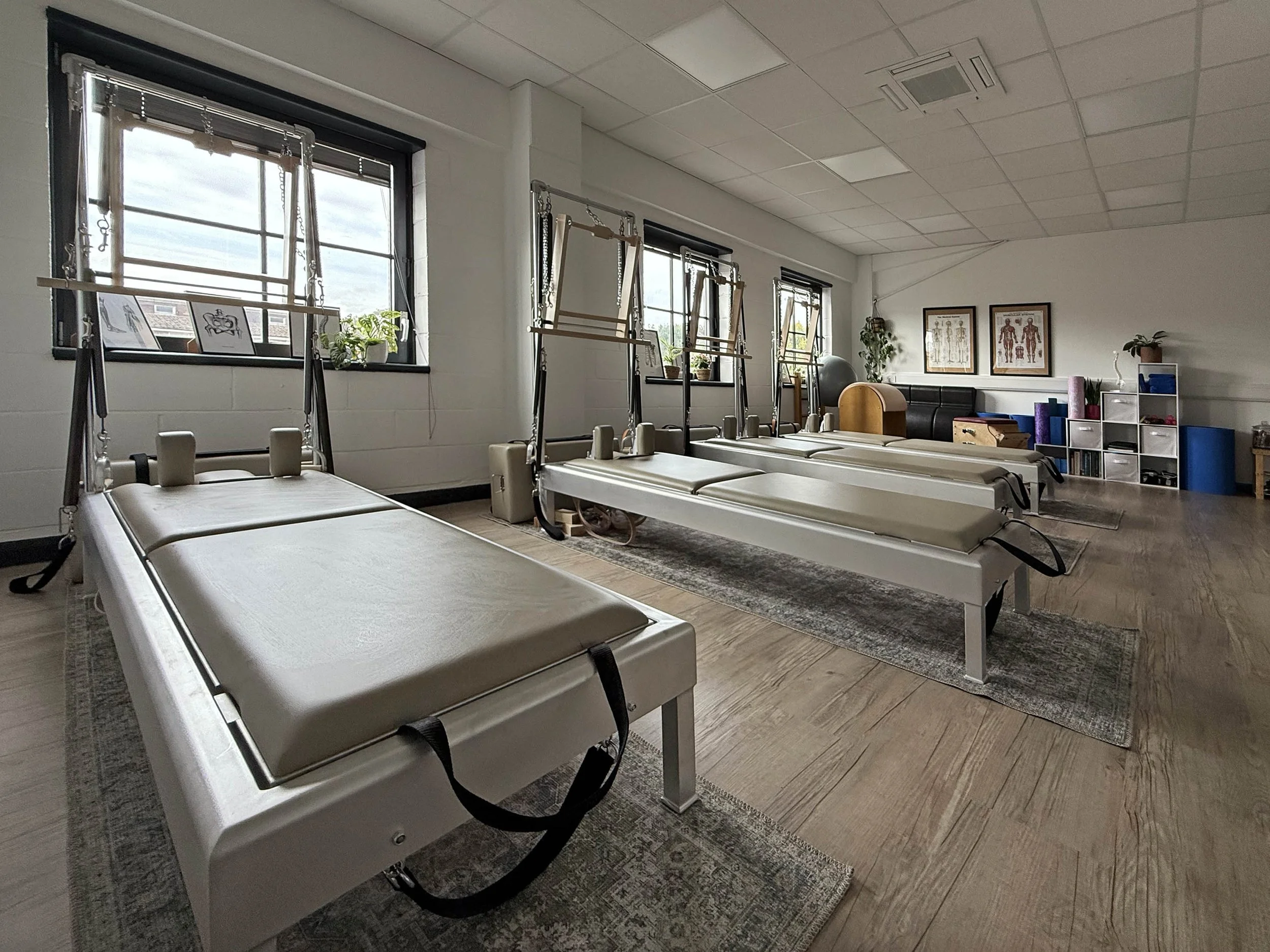 A Classical Pilates studio with four reformer machines on small rugs, near large windows with blinds, decorated with framed artwork and plants, and a storage unit with exercise equipment in the background. In the heart of Clapham.