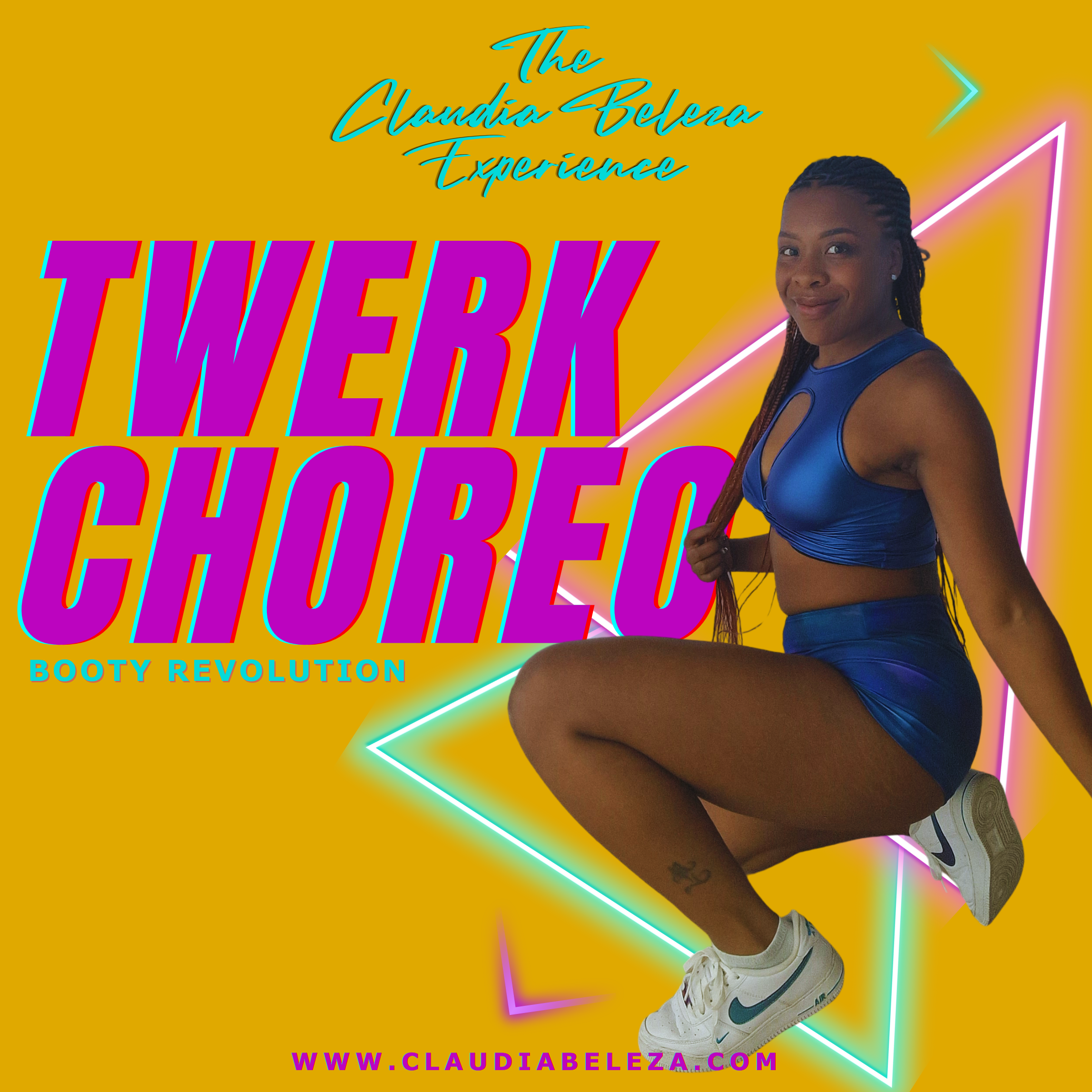 Promotional graphic for a twerking workout class called 'Twerkout Booty Revolution' by Claudia Beleza, held in Delft, with classes on Wednesdays at 19:00. Features an image of a woman in workout attire and colorful text and graphics.