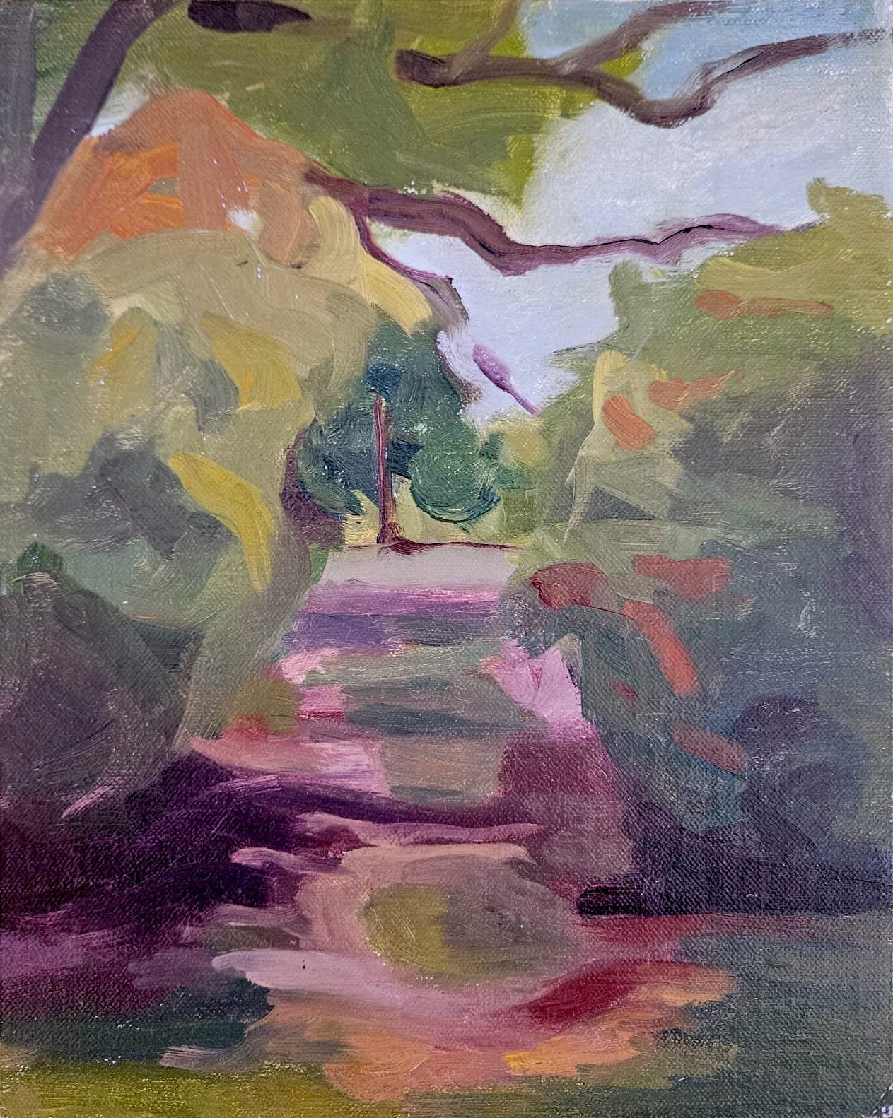 path in truro woods , 2024, oil on linen panel, 10x8in