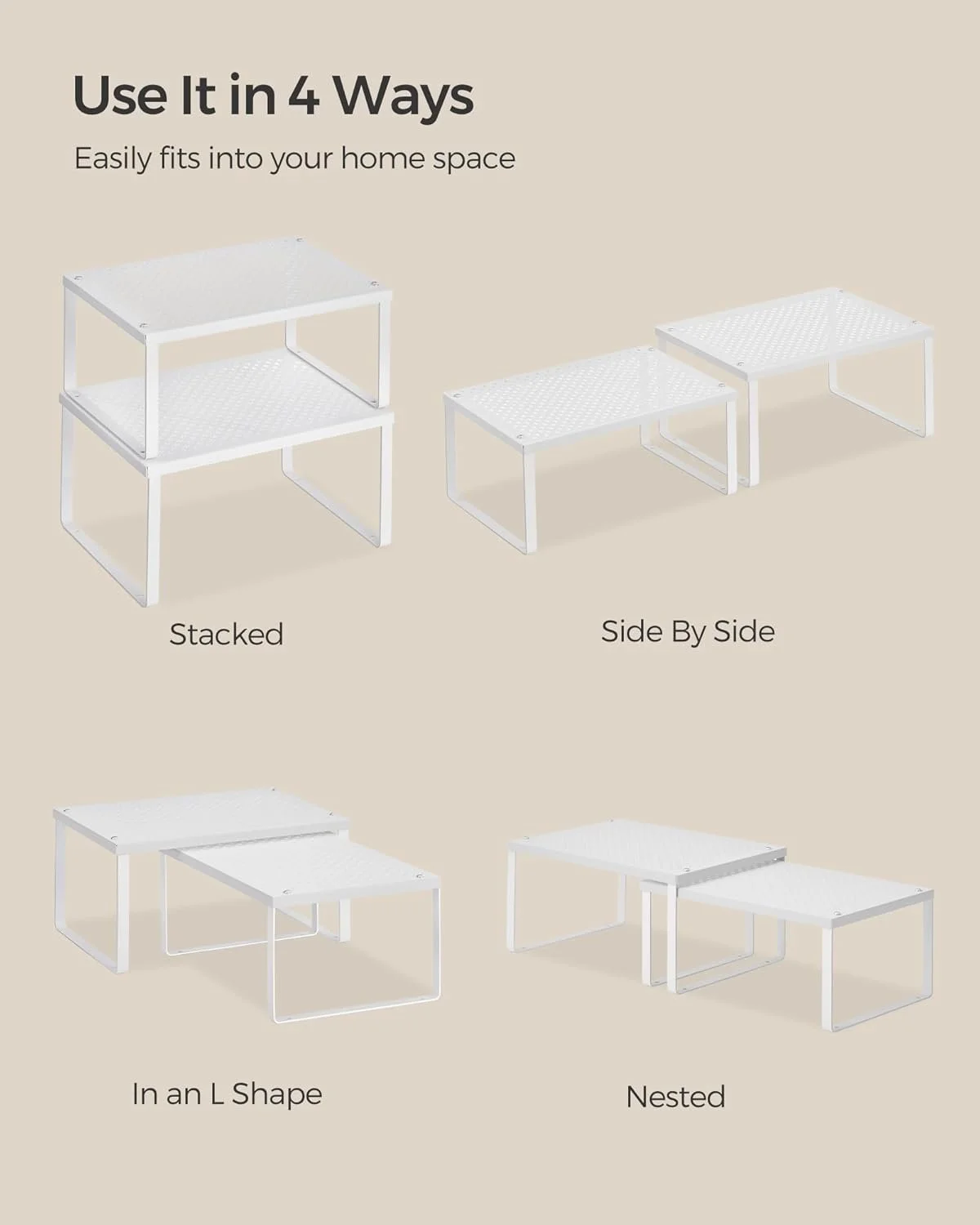 white shelves used stacked, side by side, in an L shape, and nested