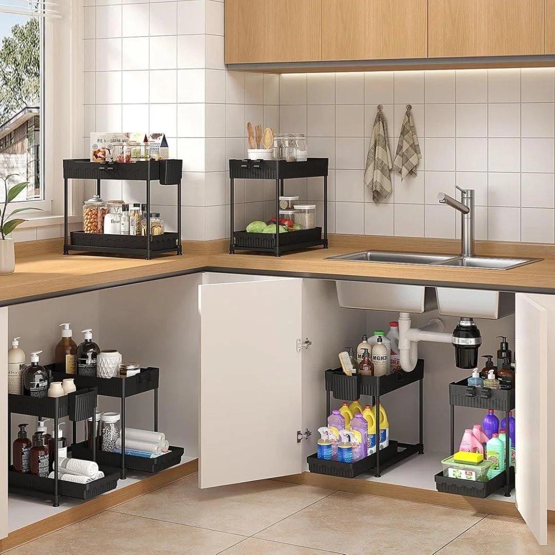2-tier under-sink drawers in various places in the kitchen, including under the sink