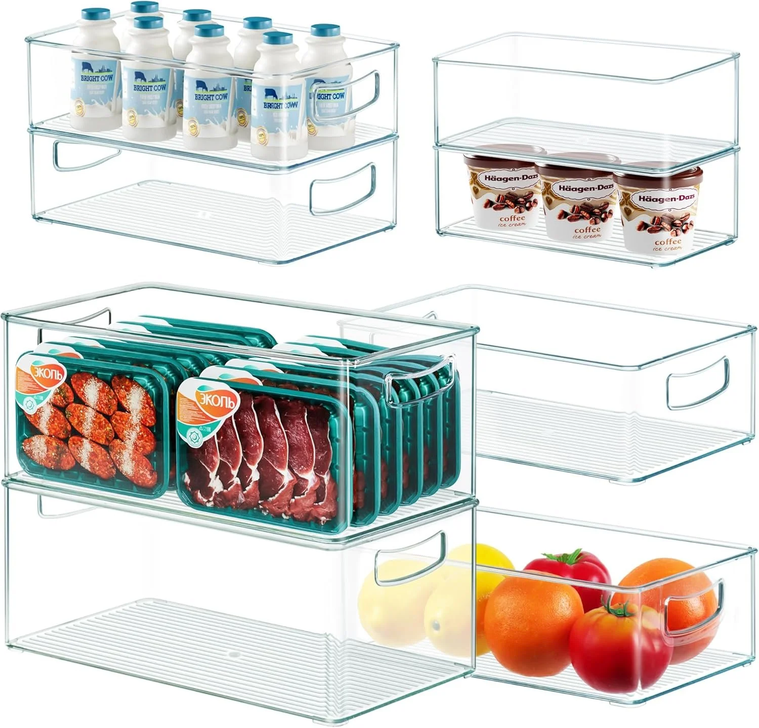 clear food organizer bins in various sizes with handle holes