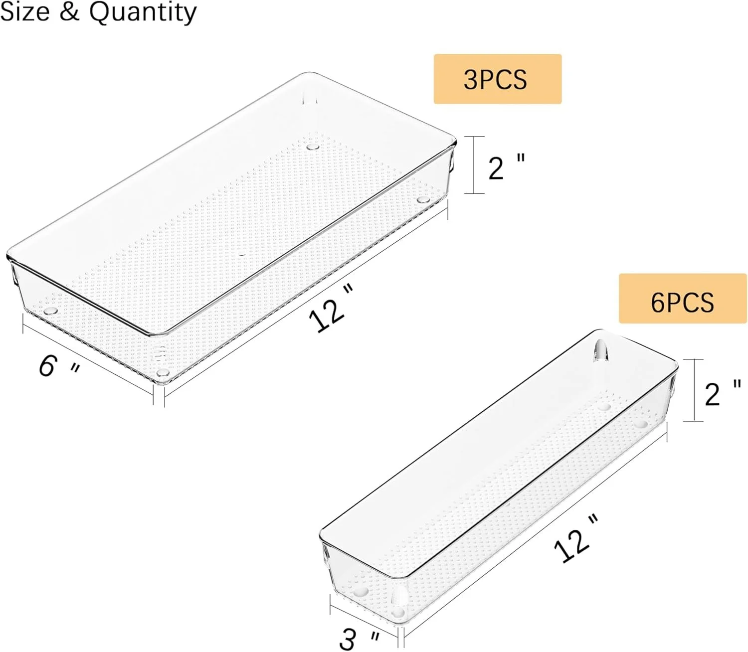 9-pack clear drawer organizers with 3 in 6x12x2 and 6 in 3x12x2