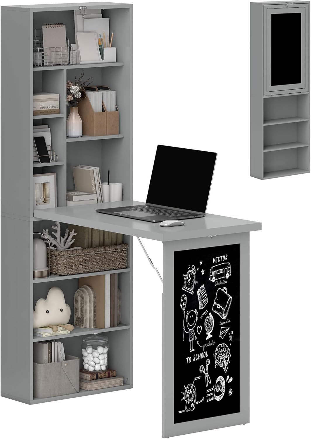 Homcom Fold-Out Convertible Desk with Blackboard and Shelf