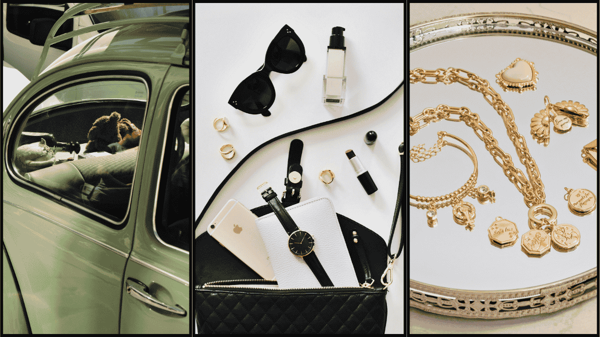 green car, black purse with contents strewn, gold jewelry on mirrored tray