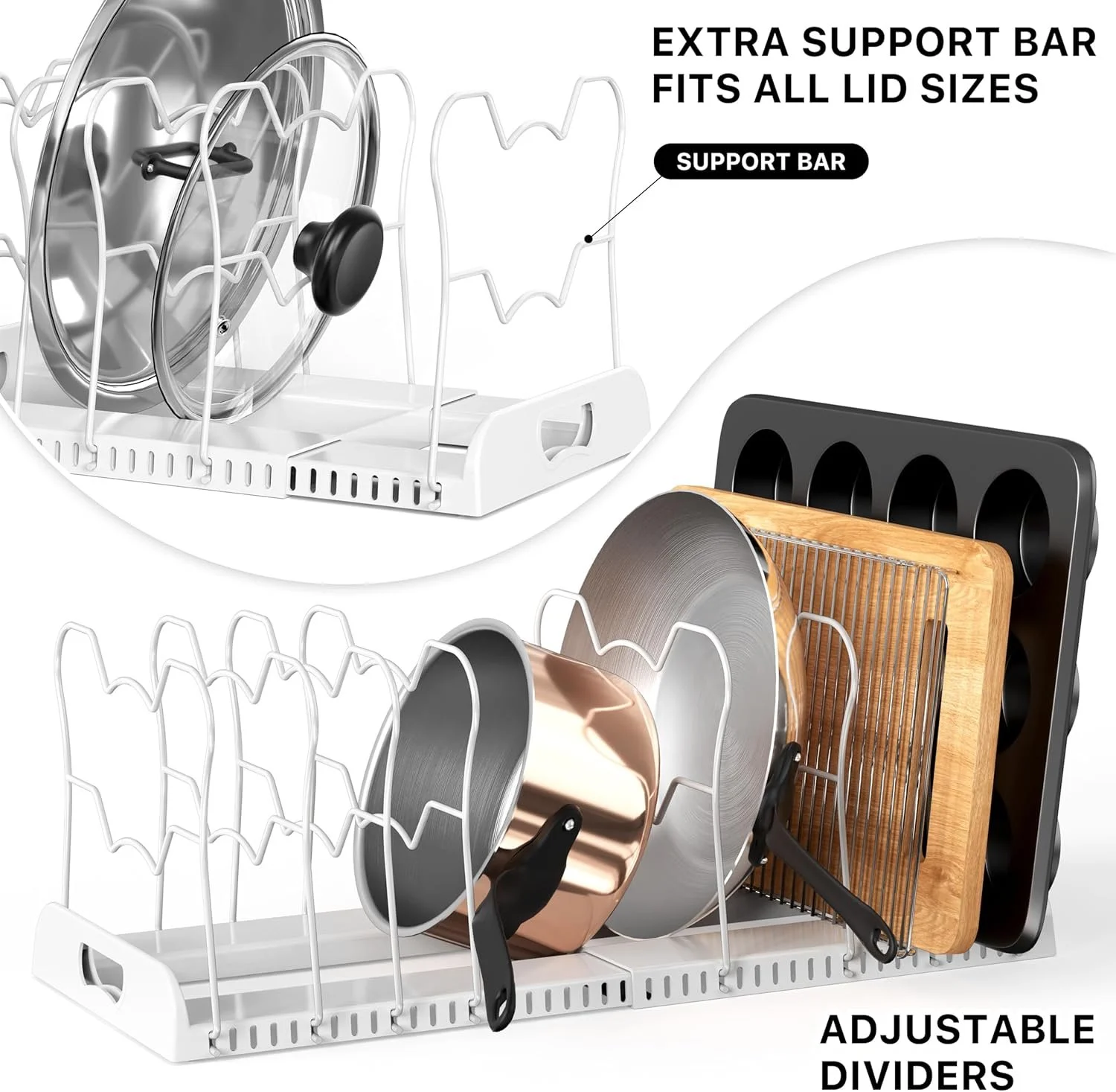 expandable pan organizer rack with a support bar that fits all lid sizes and adjustable dividers