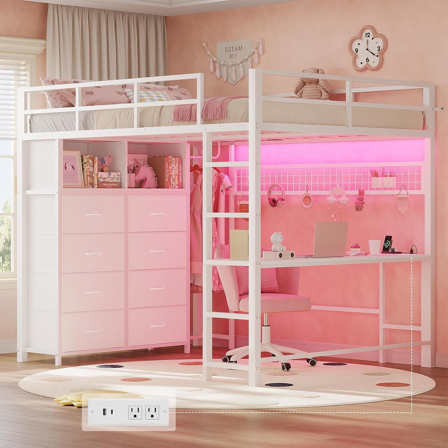 Adorneve Full Size Loft Bed with Desk and 8 Storage Drawers