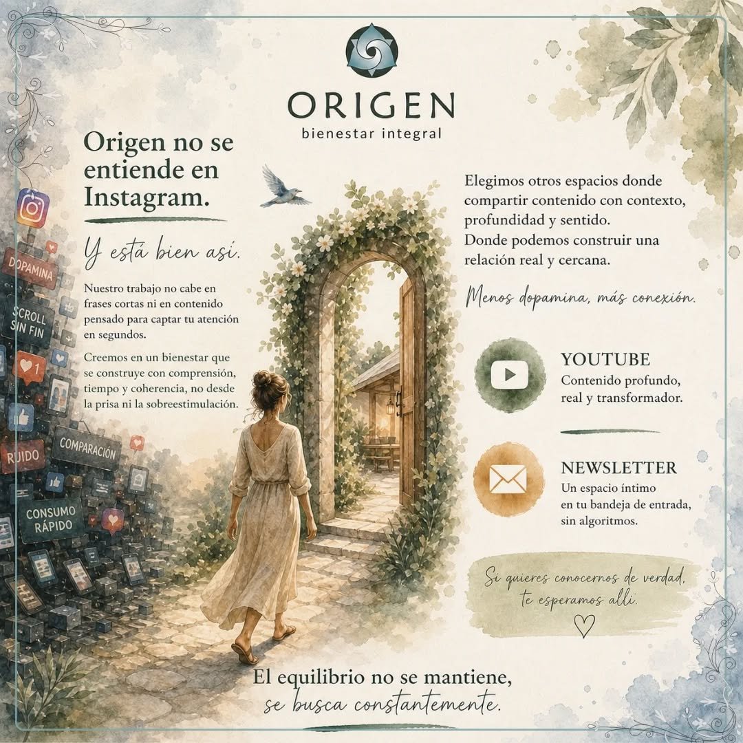 (EN Below) Origen no es un espacio de consumo r&aacute;pido.

Nuestro trabajo no se puede explicar en frases cortas ni en contenido pensado para captar atenci&oacute;n en segundos. 

Creemos en un bienestar que se construye con comprensi&oacute;n, ti