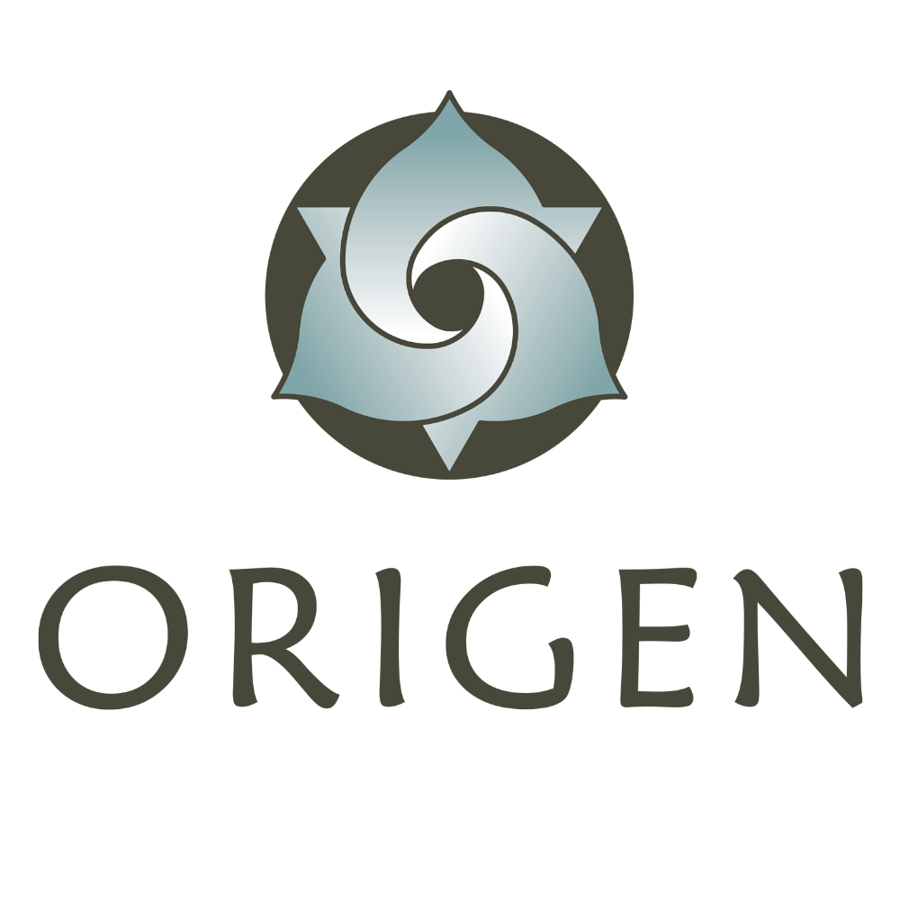 Logotipo con un diseño circular y un símbolo en espiral en el centro, acompañado del texto 'ORIGEN' debajo.