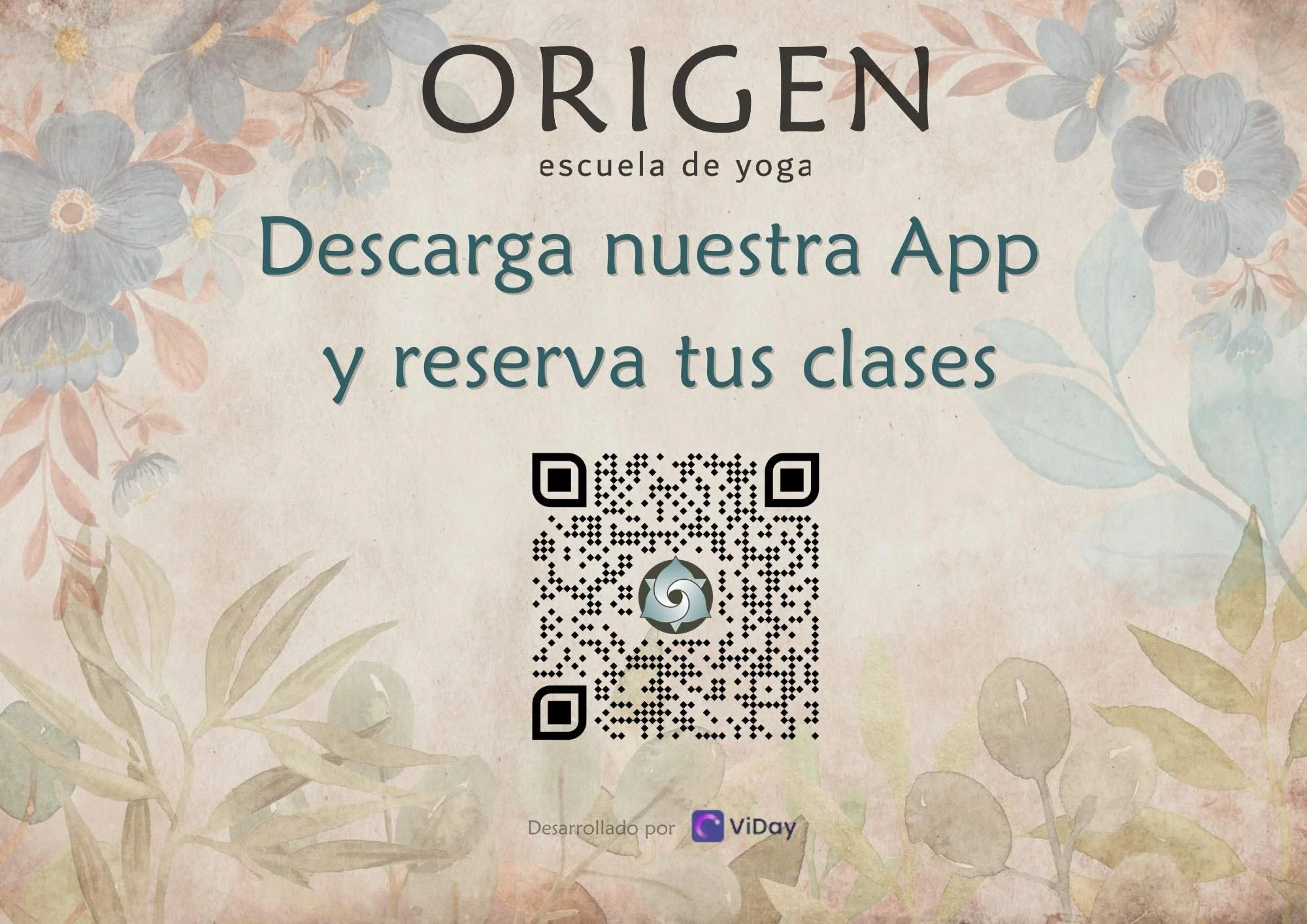 Cartel publicitario de la escuela de yoga ORIGEN, invitando a descargar su app y reservar clases, con código QR en el centro y fondo floral con tonos pastel.