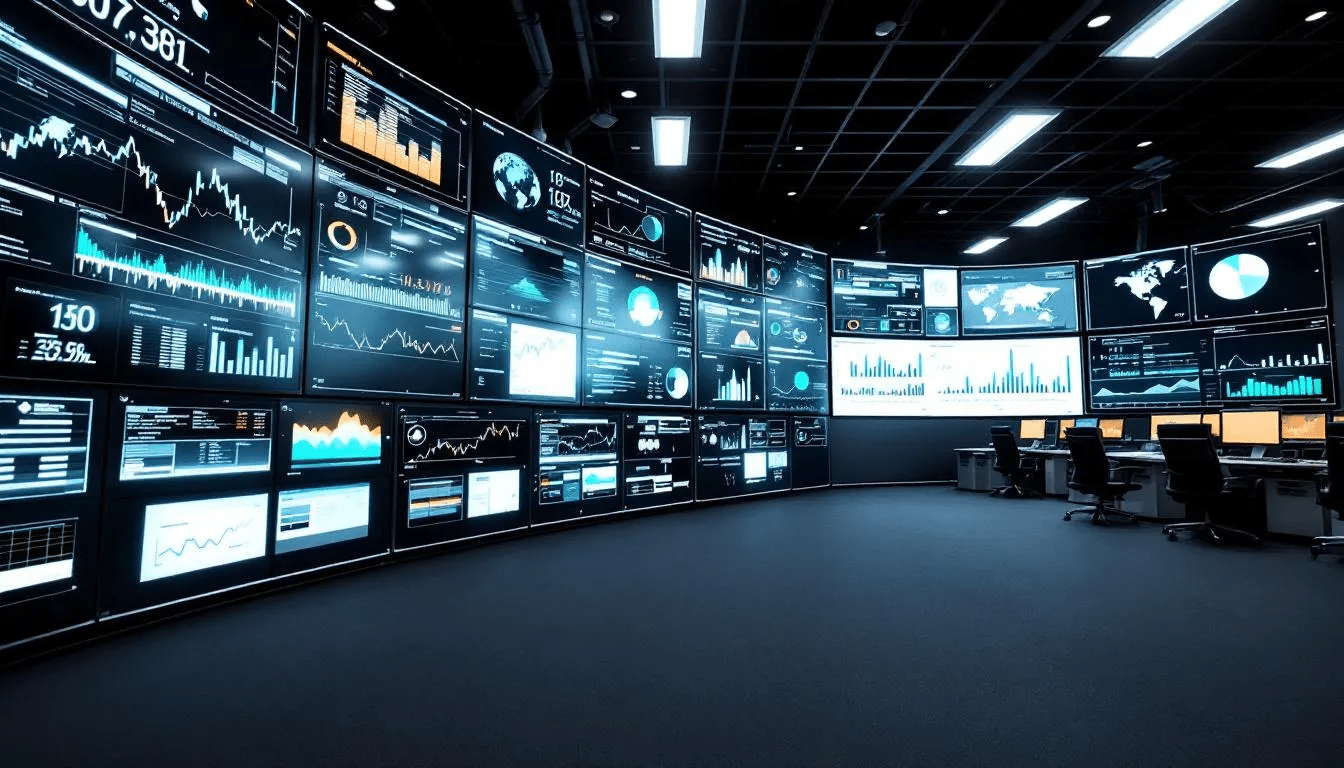 In a modern communication center, large wall-mounted monitors display real-time data and analytics, highlighting crucial information related to cybersecurity threats and crisis management.