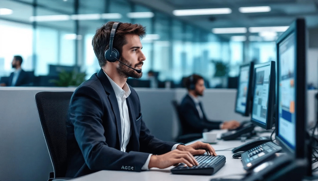 A professional customer service representative is seated at a help desk surrounded by multiple phone lines and computer screens, ready to assist clients with inquiries related to cybersecurity threats and data breaches.