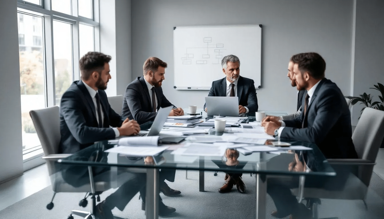 A group of executives engages in a crisis planning meeting, surrounded by laptops and documents on the table, focusing on strategies to address potential data breaches and cybersecurity threats.
