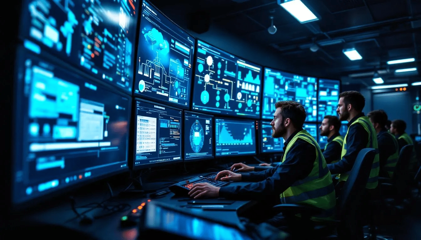 In the image, members of a security team are intently monitoring multiple computer screens that display intricate network diagrams, highlighting their proactive approach to identifying cyber threats and managing data breaches.