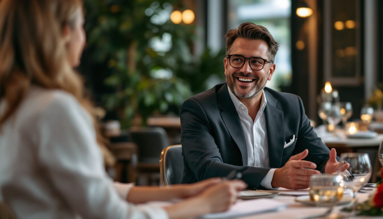 A journalist interviewing a restaurant owner, illustrating media relations.
