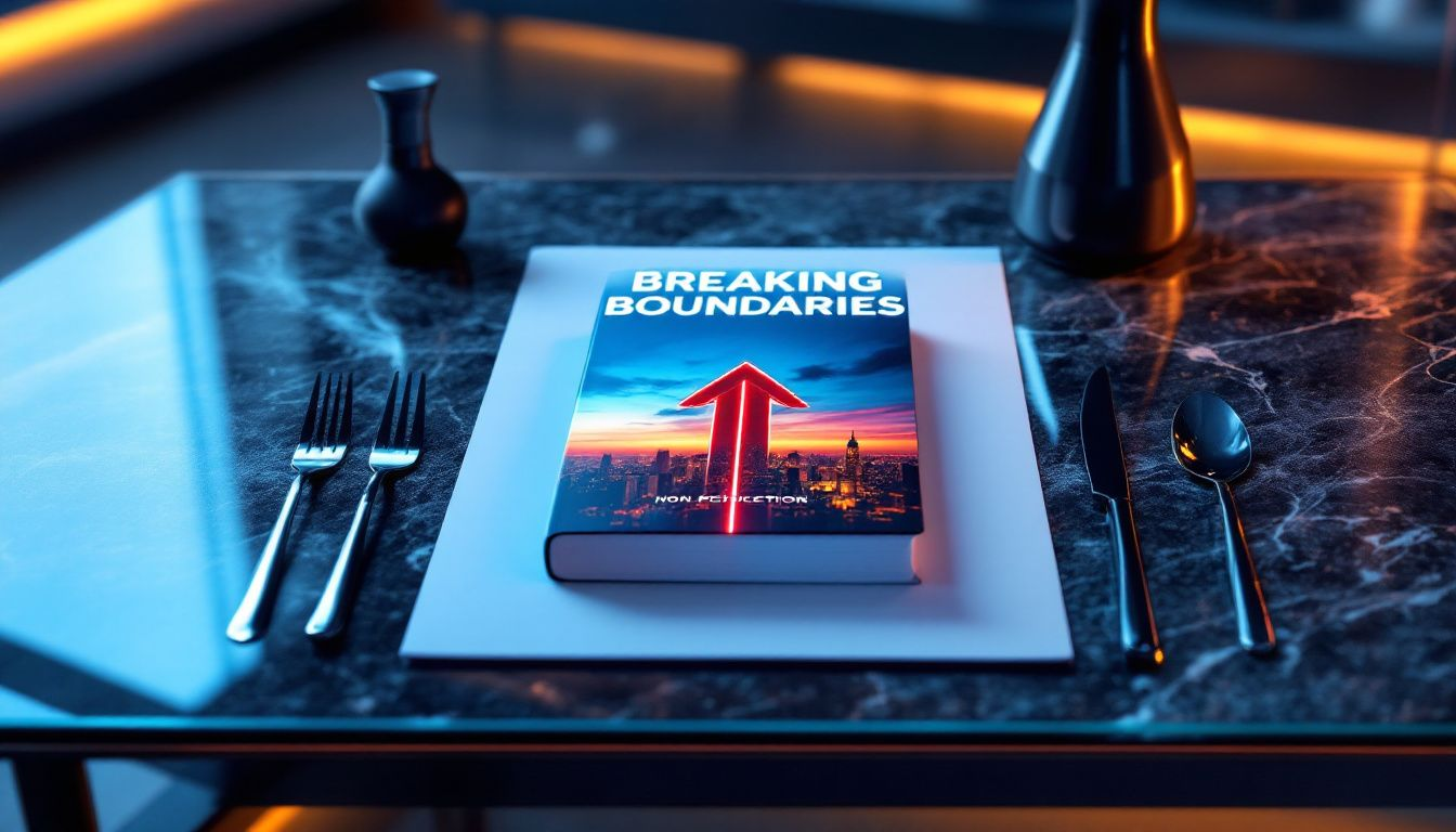 A sample press release book cover for a non-fiction book displayed on a table.