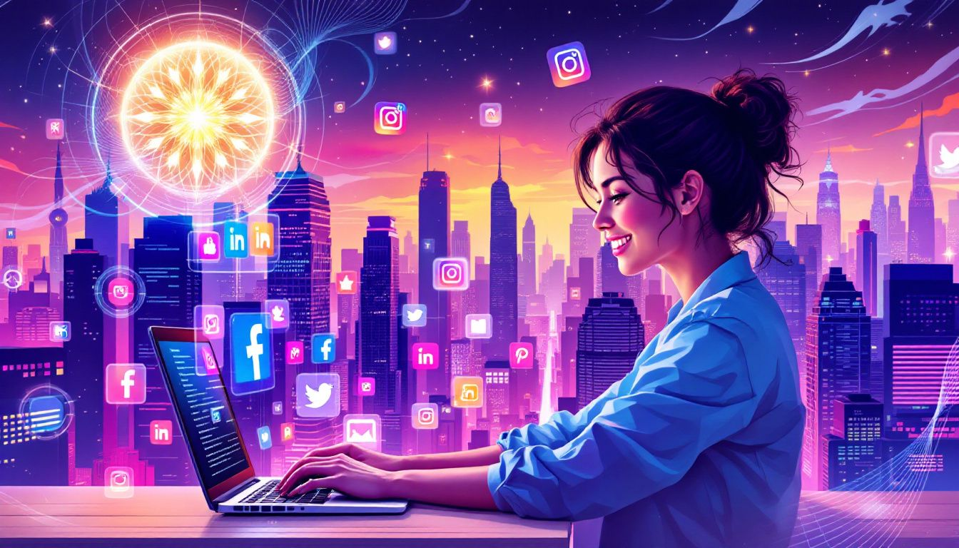 Image of an individual optimizing their online presence on a laptop, showcasing social media platforms.