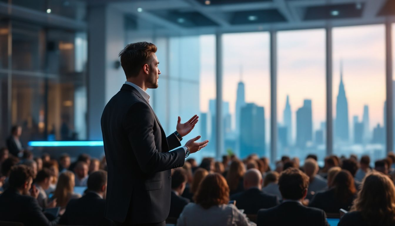 A speaker at a conference engaging with the audience.