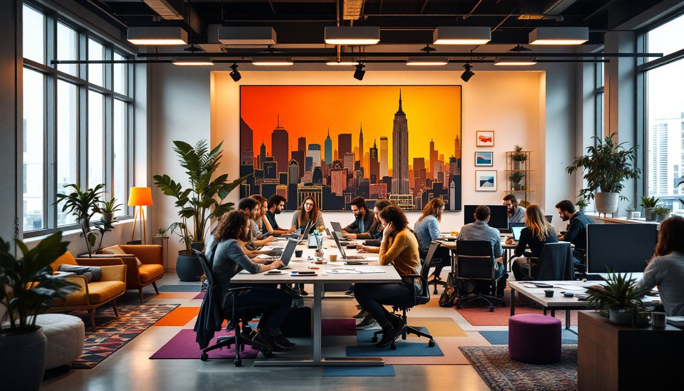 A vibrant team culture within a creative agency setting.