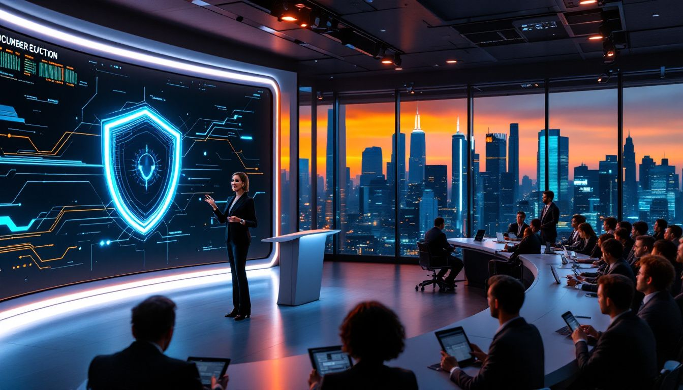 An engaging scene showcasing effective media relations in the cybersecurity sector.