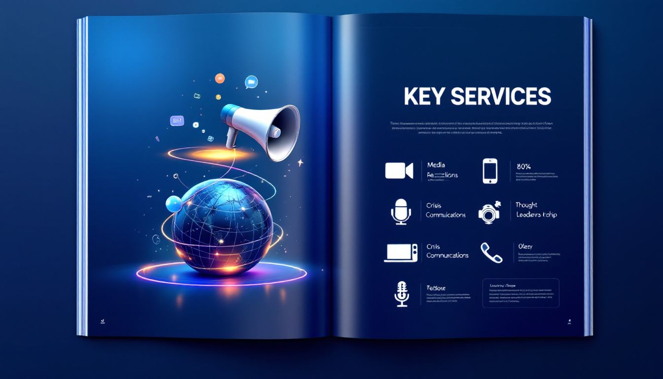 A visual representation of key services offered by public relations agencies, including media relations and crisis communications.