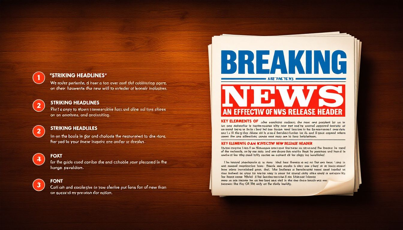 Key elements of an effective news release header illustrated with bullet points.