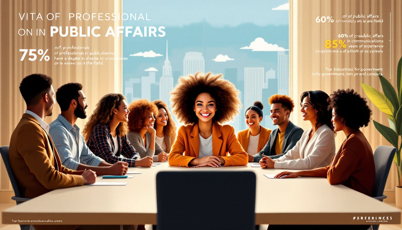 A diverse group of professionals discussing career opportunities in public affairs.