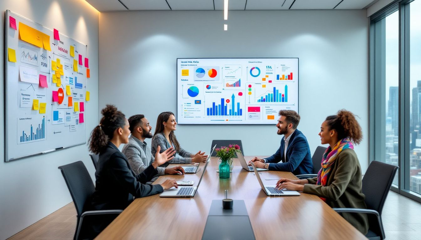 A digital marketing strategy session with professionals discussing social media.