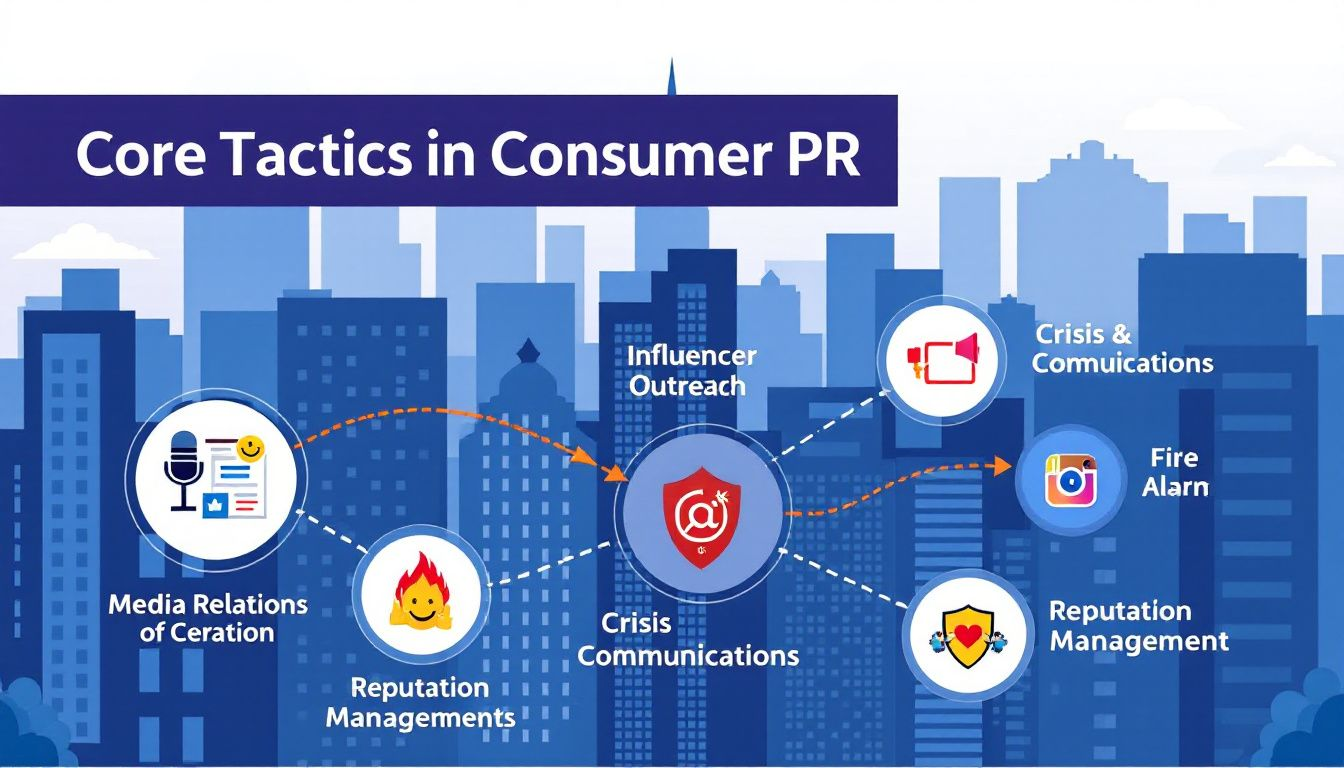 Core tactics in consumer public relations including media relations and influencer outreach.