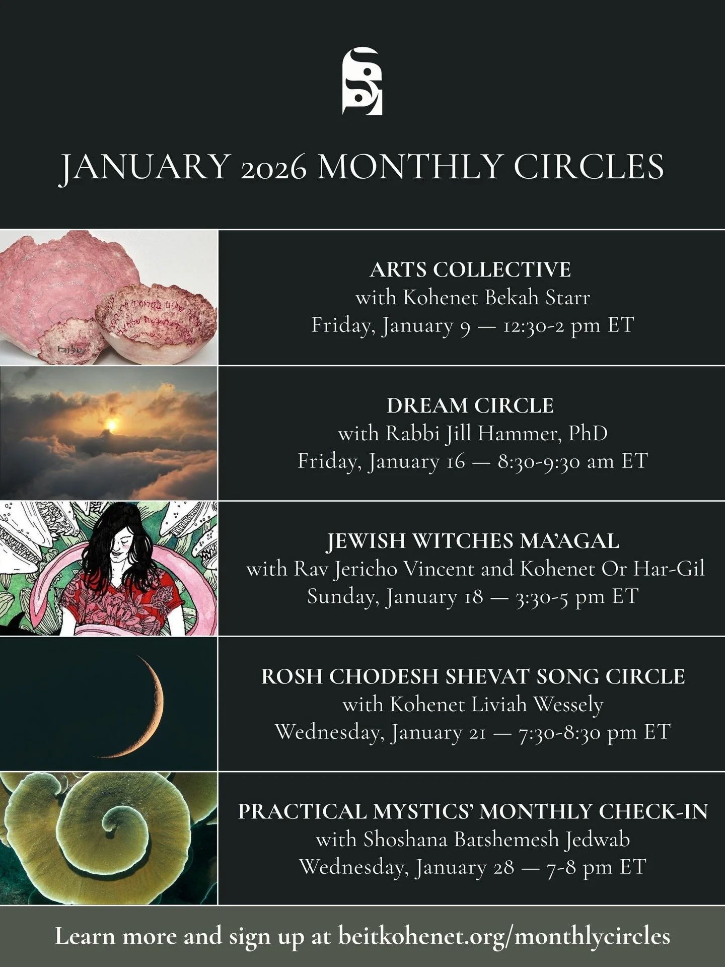 ✦ January 2026 Virtual Monthly Circles ✦

We invite you to our virtual Monthly Circles to nurture creativity, spirituality, and connection. Whatever your interests or preferred modes of expression, we welcome you into our community. Our January sched