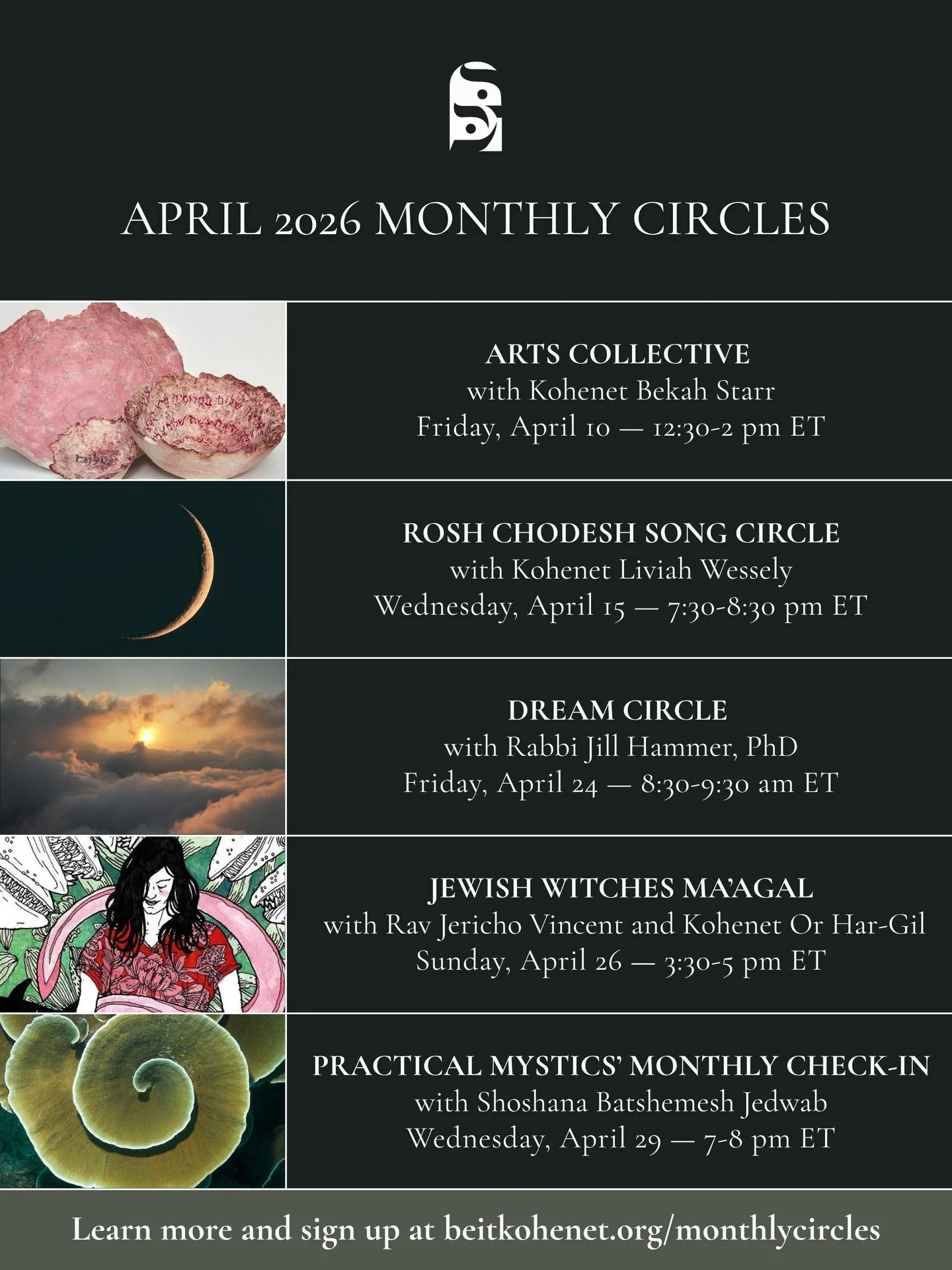 ✦ April 2026 Virtual Monthly Circles ✦

We invite you to our virtual Monthly Circles to nurture creativity, spirituality, and connection. Whatever your interests or preferred modes of expression, we welcome you into our community. Our April schedule 