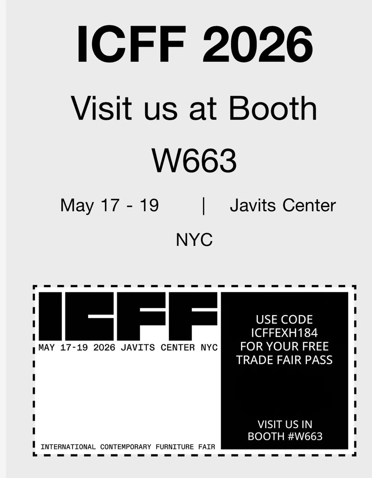 We can&rsquo;t wait for this years @icff_official. We will be in the wanted section with an amazing lineup of makers and designers, drop by and say hello. You can use the code above for a complimentary pass and registration. We hope to see you there.