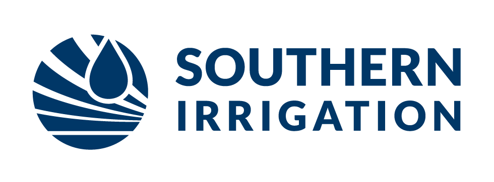 Logo of Southern Irrigation featuring a stylized water droplet and fields, with the company name in bold blue letters.