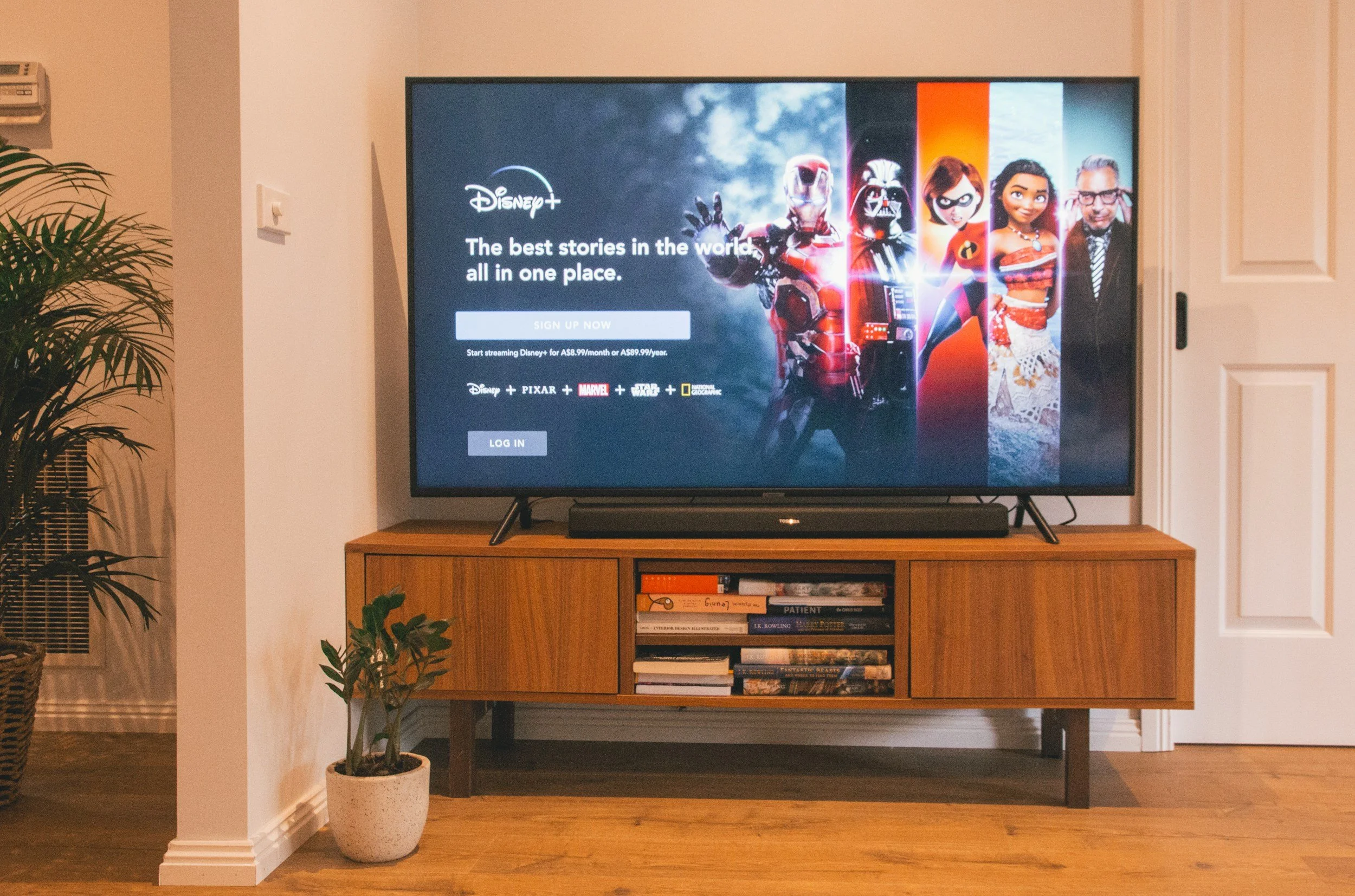 A picture of a TV Showing Disney+ in a living room