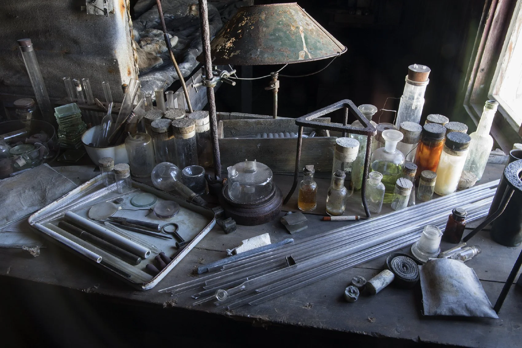 Scientific instruments on a table in Captain Scott's Hut. This British expedition had both scientific objectives as well as the goal of being first to the South Pole.