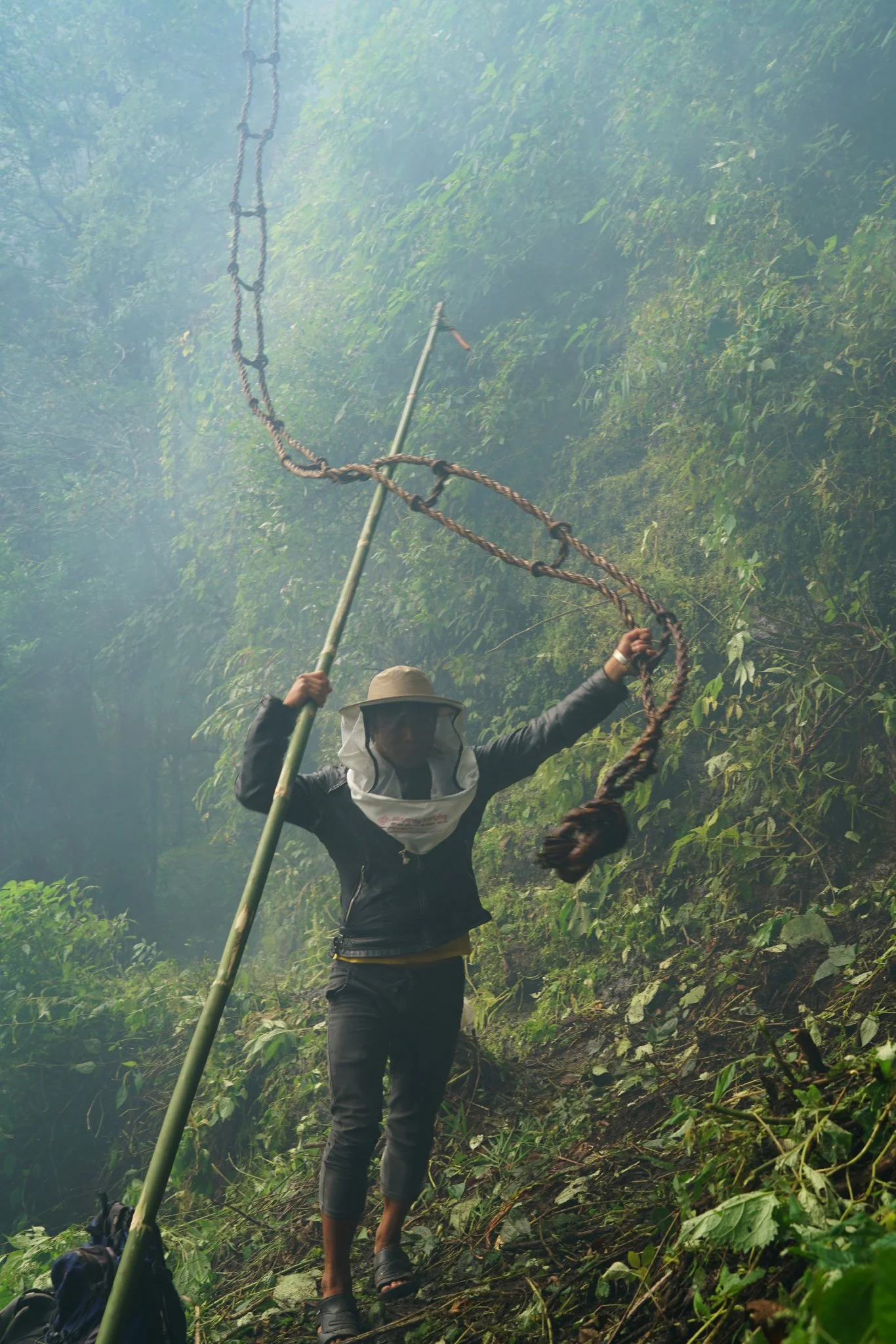 An assistant catches the homemade bamboo rope which is lowered down for Maule Dhan to harvest the honey hundreds of feet above.