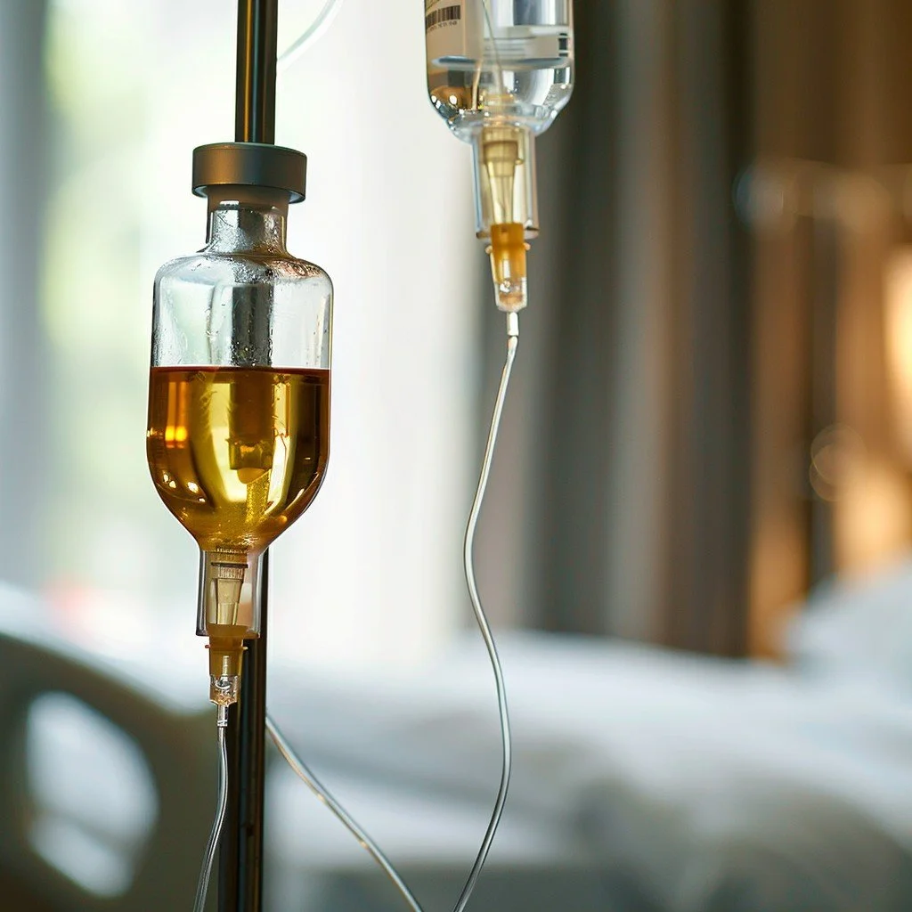 Medical IV drip with yellowish fluid hanging near a hospital bed.